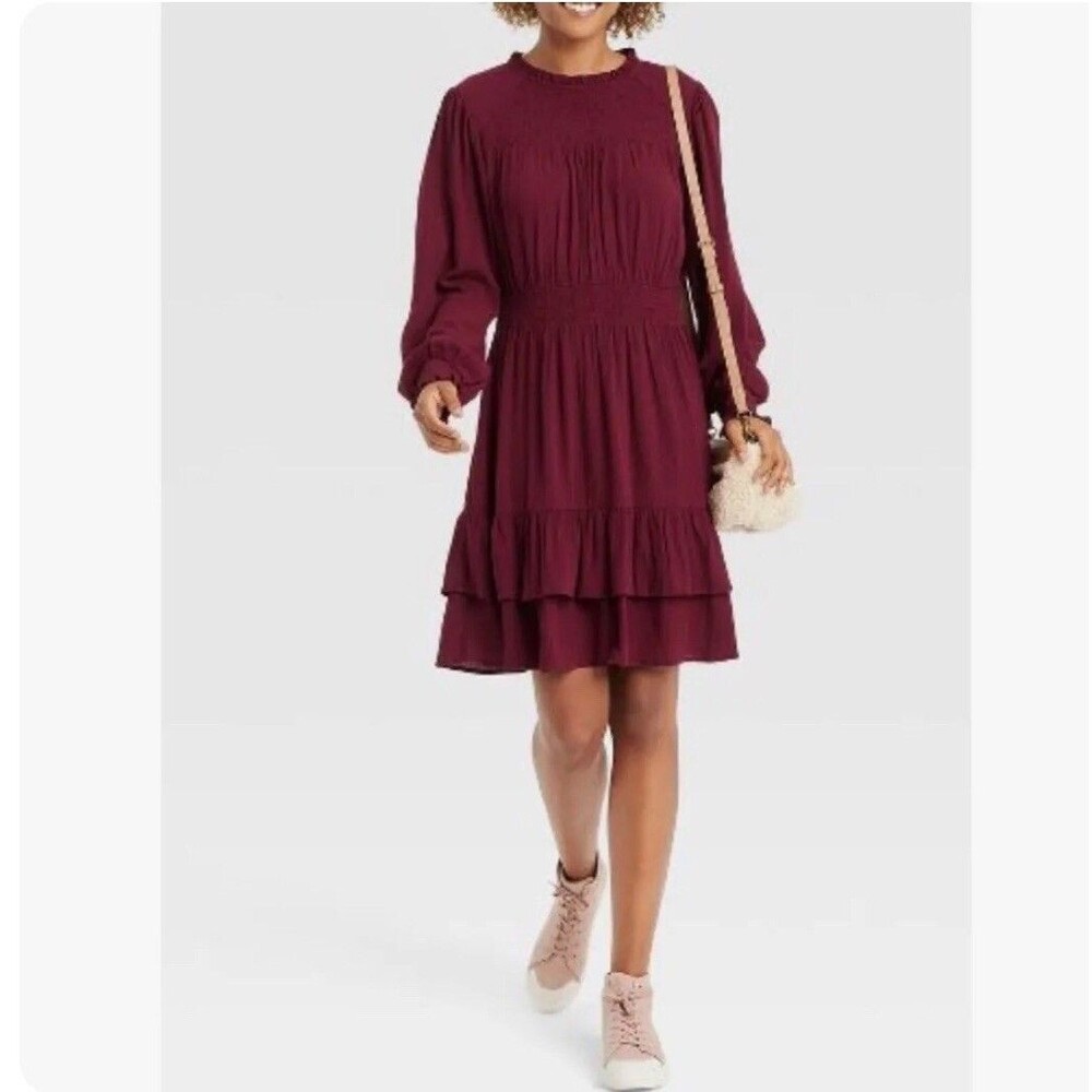 Knox Rose Womens L Burgundy Tiered Ruffle Long Sleeve Boho Dress Smocked Waist